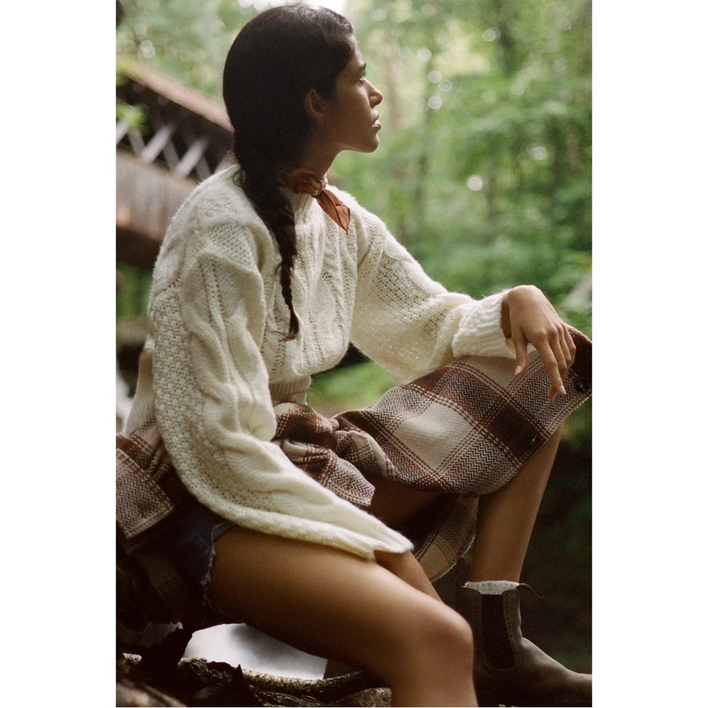 Anthropologie RAGA Kelyn Cropped Cable-Knit Sweater Pullover Ivory NWT SZ L - Picture 2 of 16